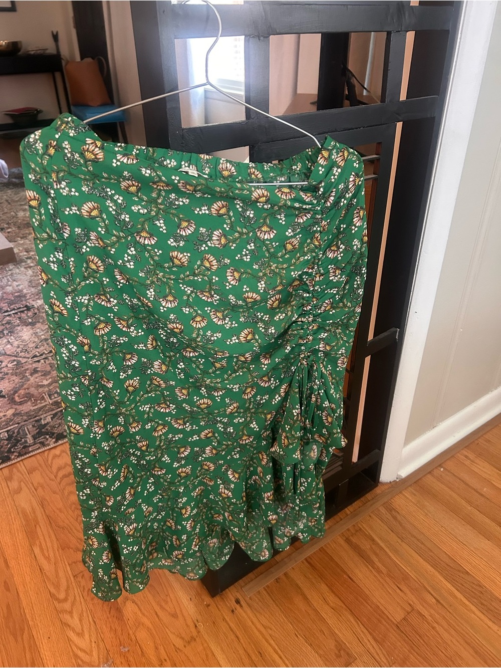 Max Studio Green Floral Ruched Skirt with Ruffle Hem